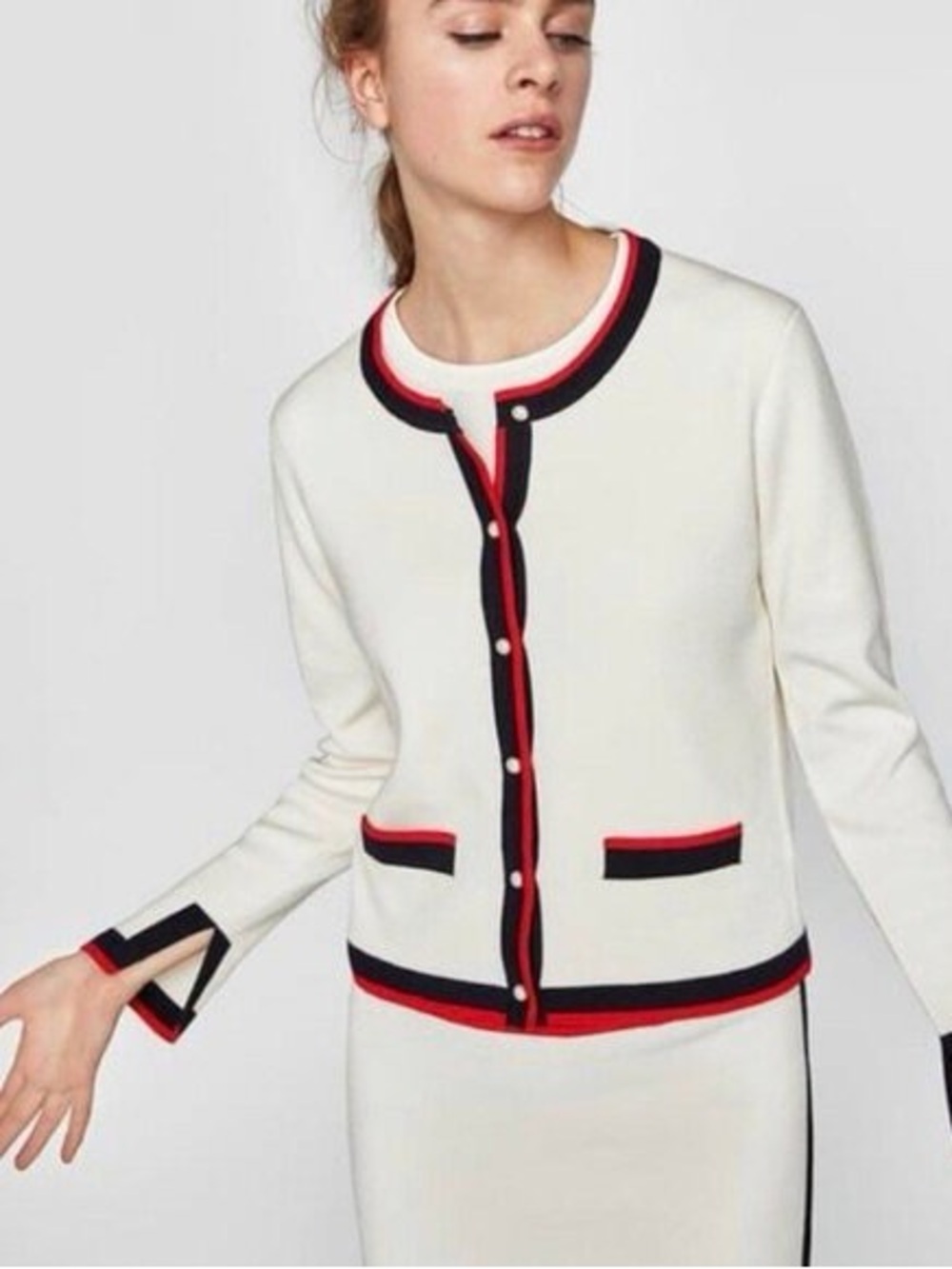 Zara Cream Cardigan with Navy & Red Trim